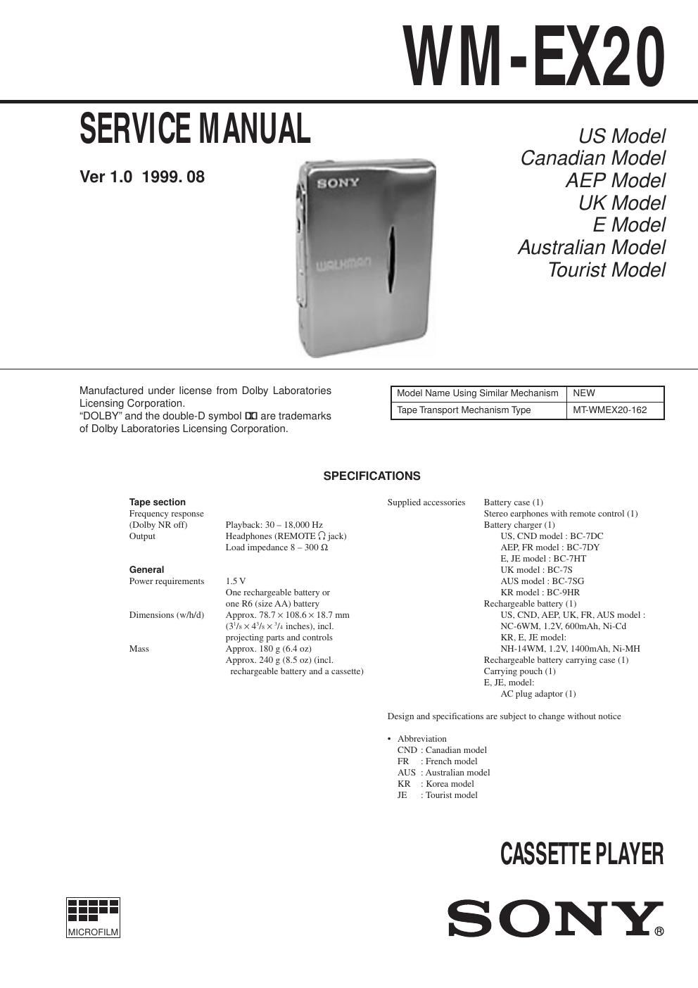 sony wm ex 20 service manual