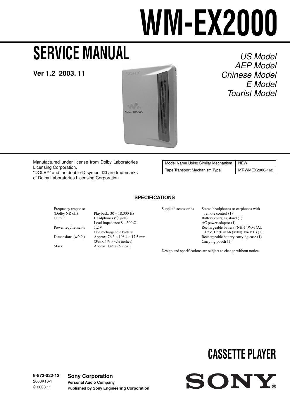 sony wm ex 2000 service manual