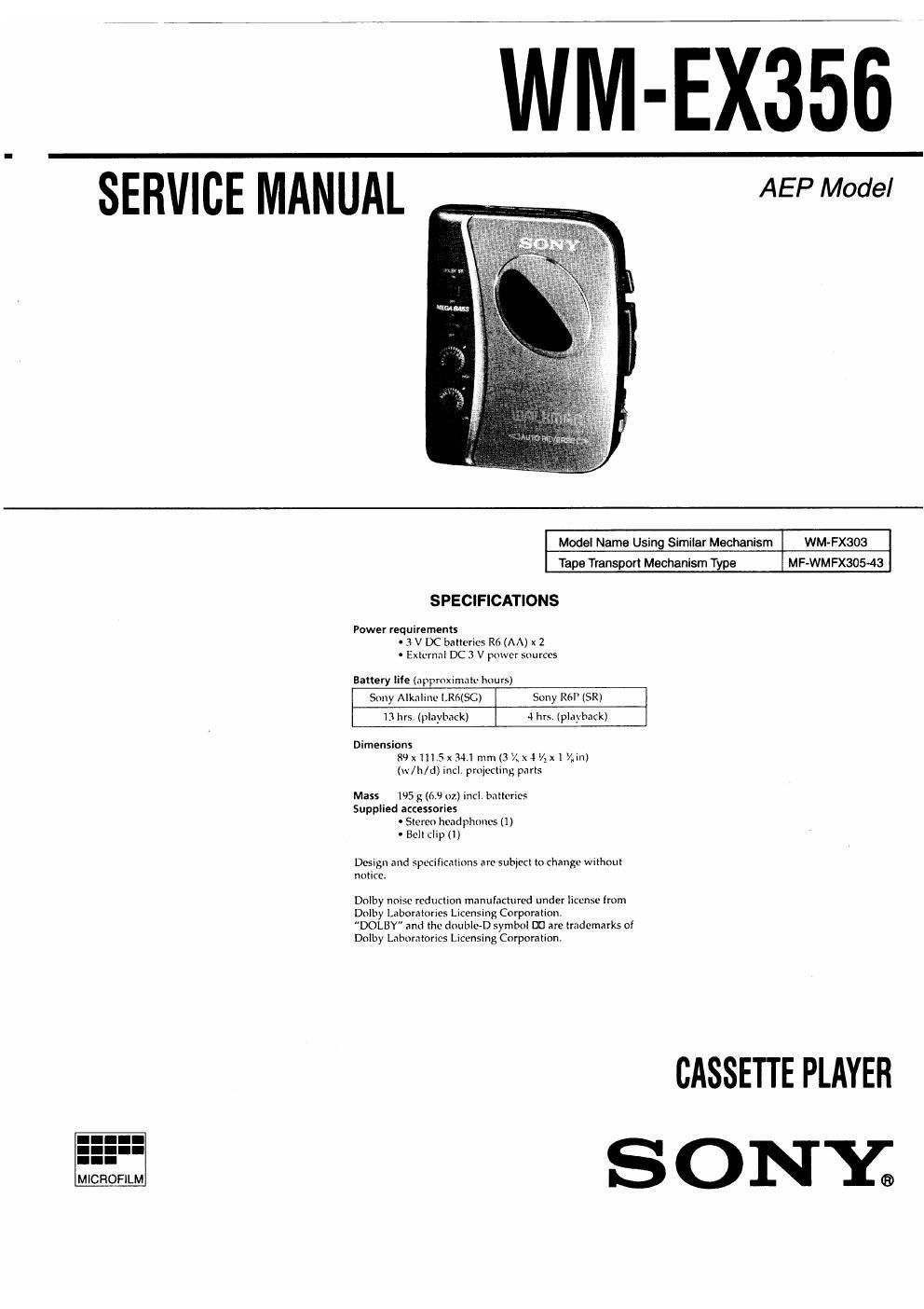 sony wm ex 356 service manual