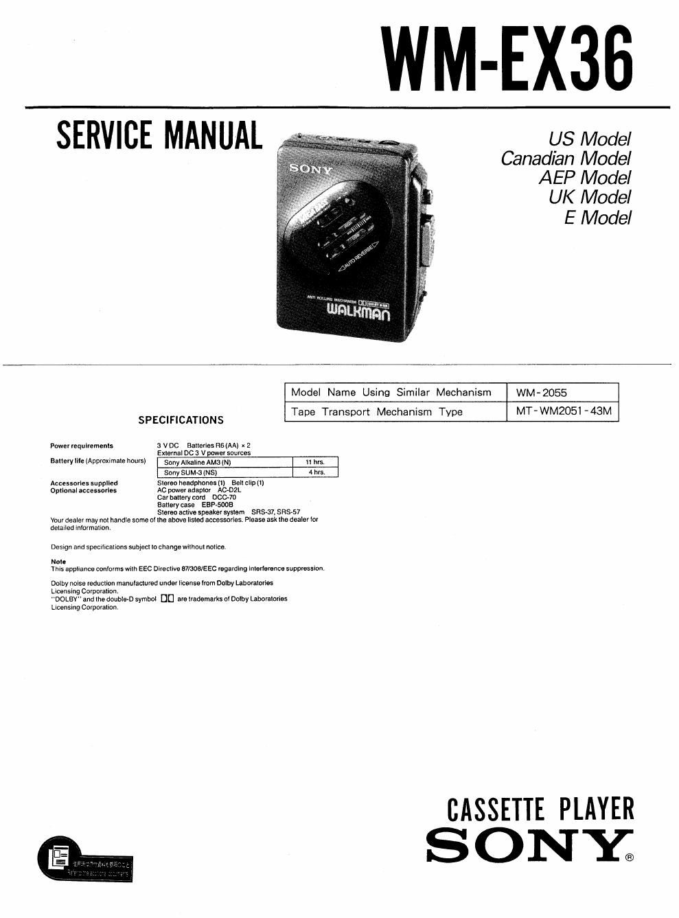 sony wm ex 36 service manual