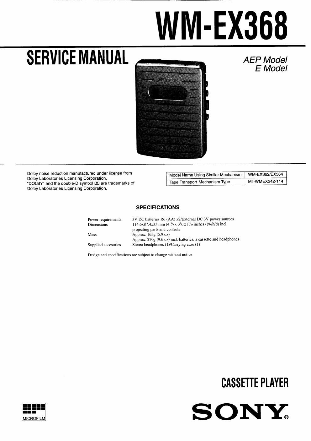 sony wm ex 368 service manual