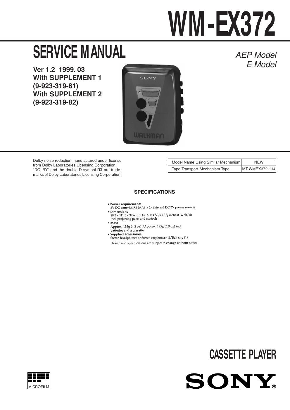 sony wm ex 372 service manual