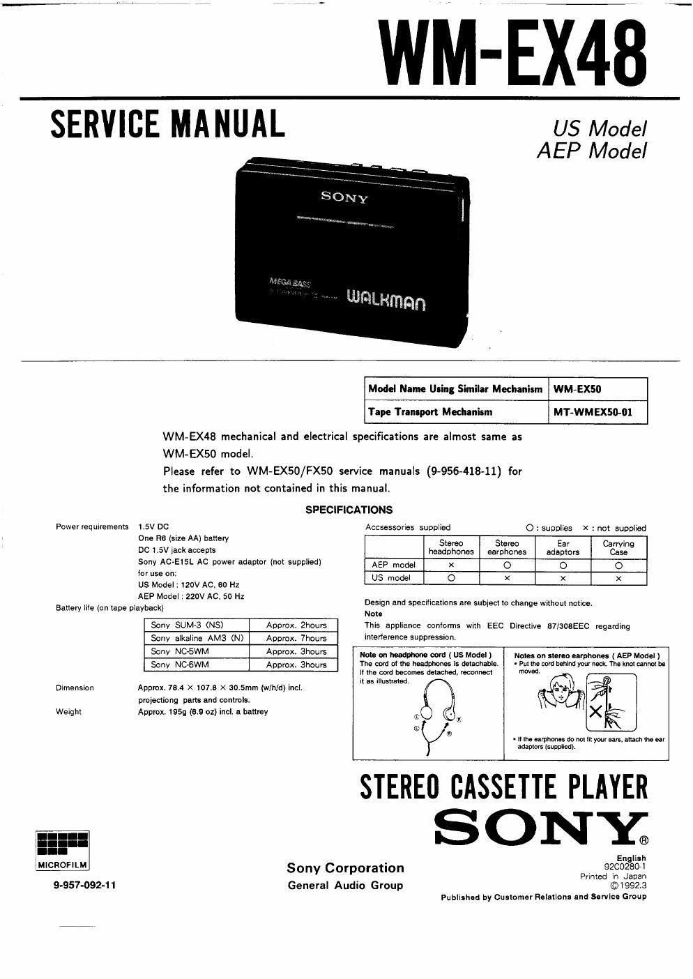 sony wm ex 48 service manual