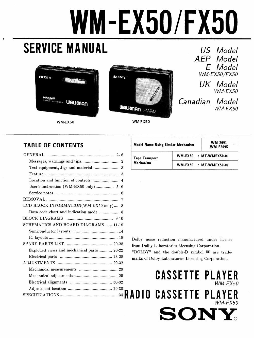 sony wm ex 50 service manual