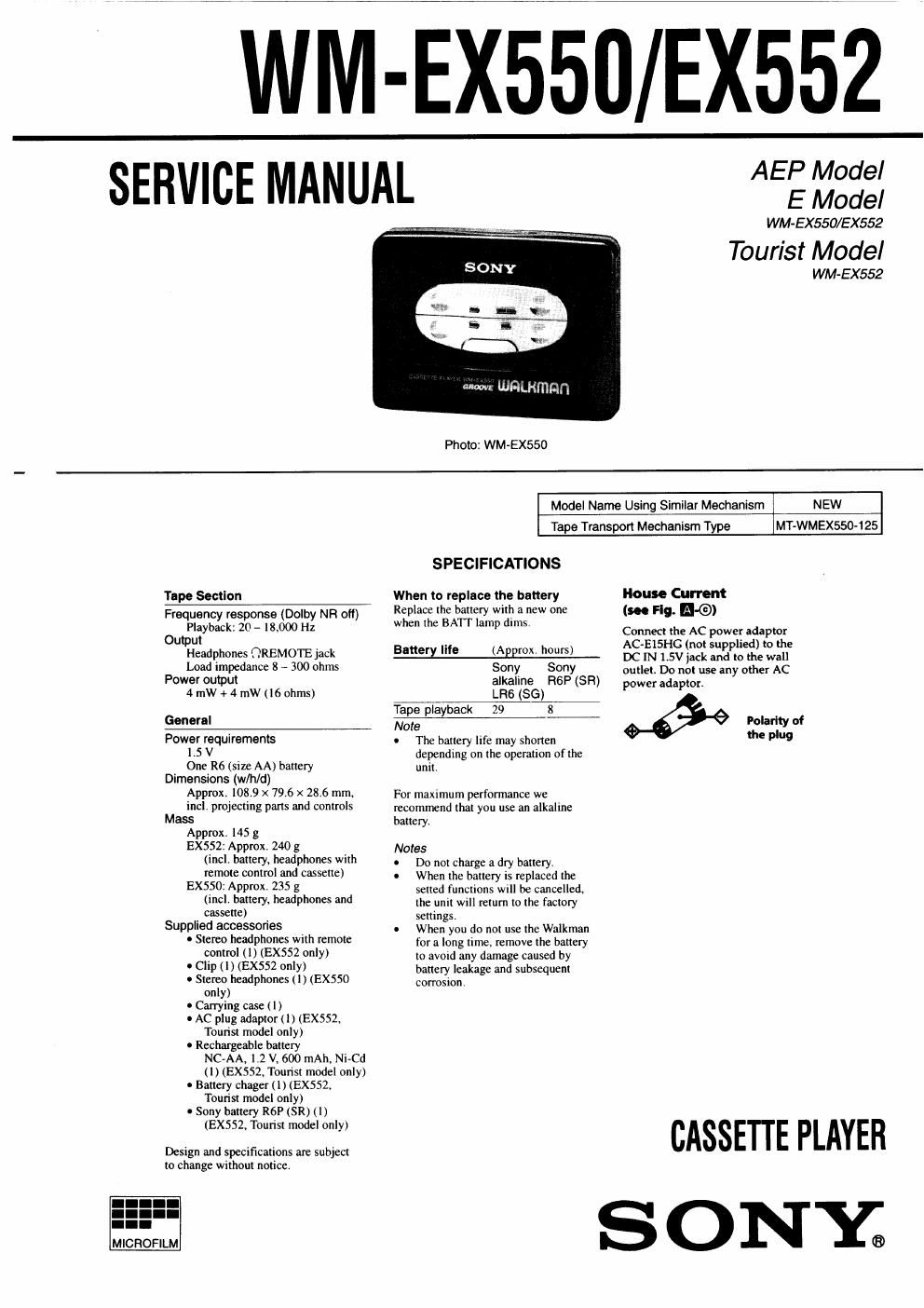 sony wm ex 550 service manual