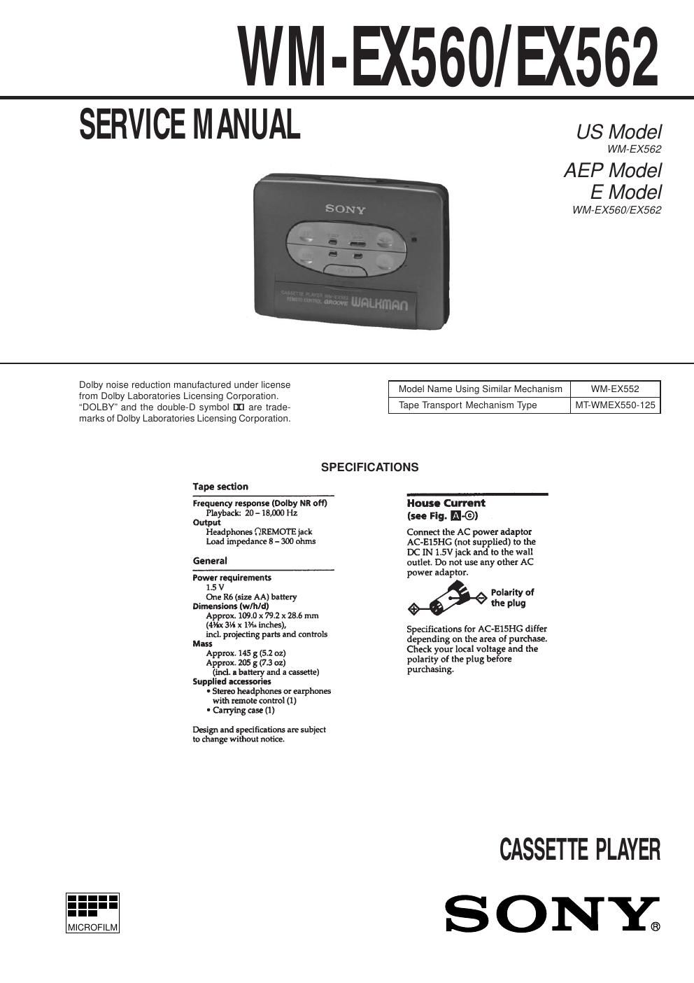 sony wm ex 560 service manual