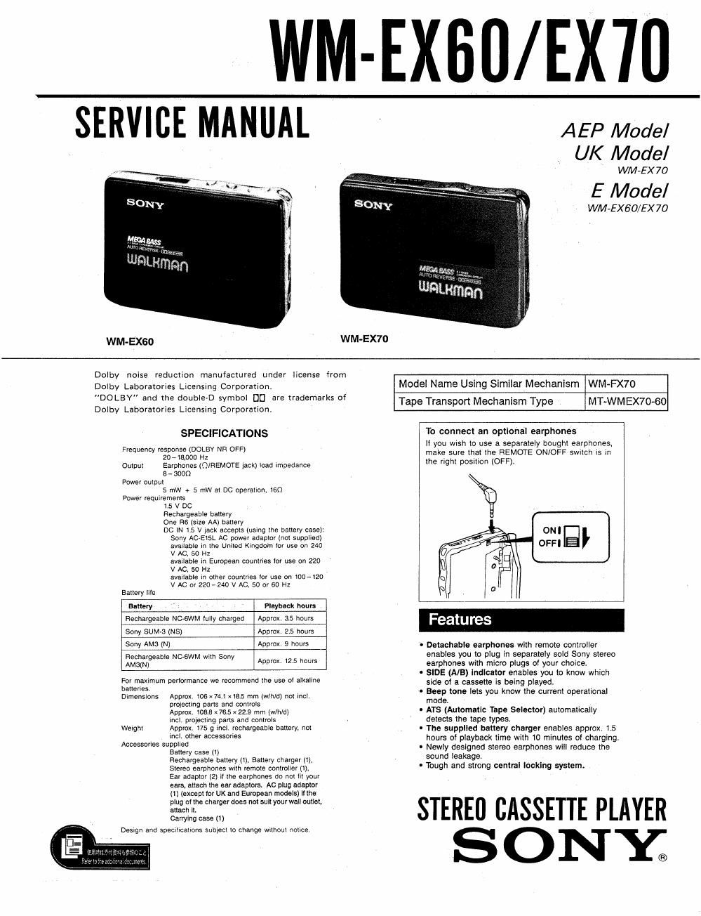 sony wm ex 60 service manual