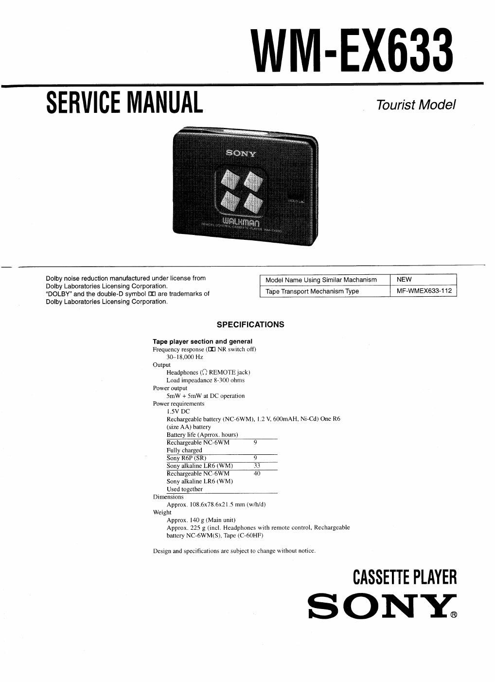 sony wm ex 633 service manual