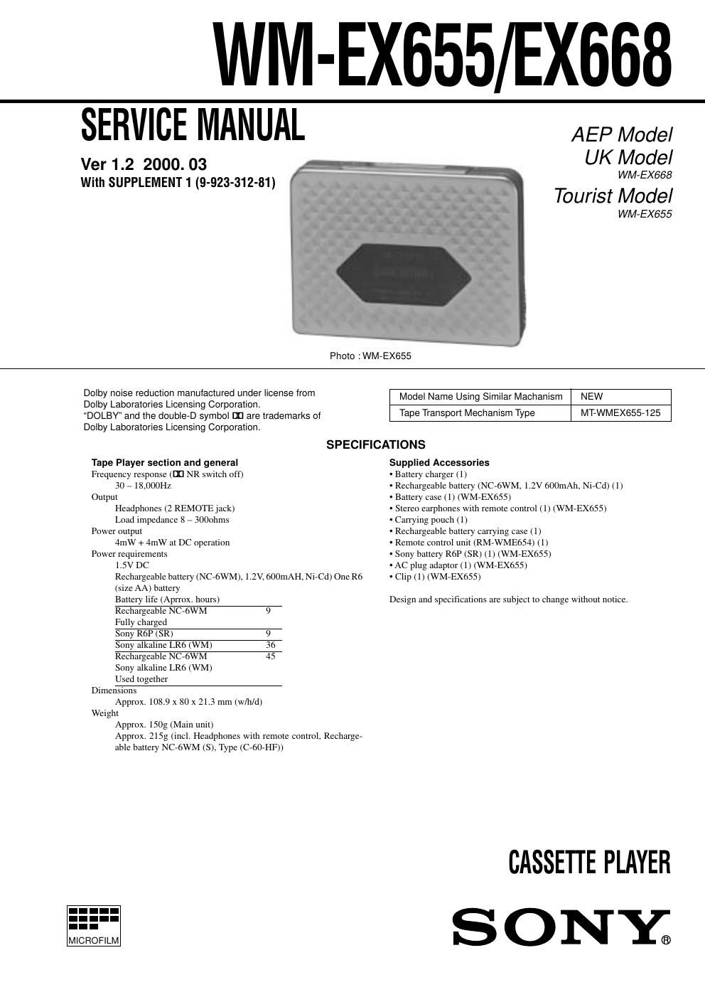 sony wm ex 655 service manual