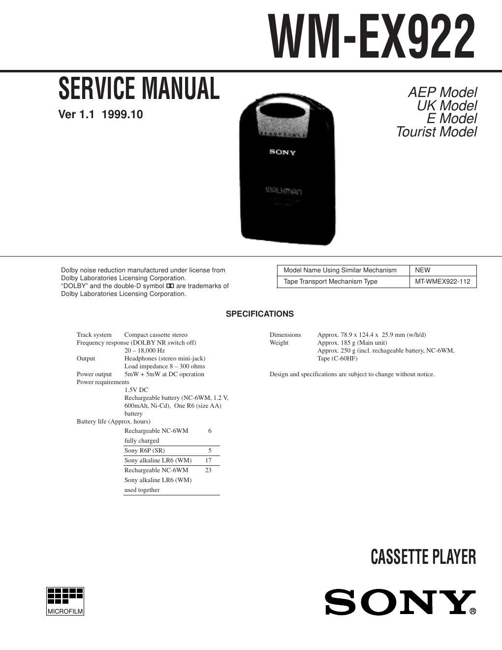 sony wm ex 922 service manual