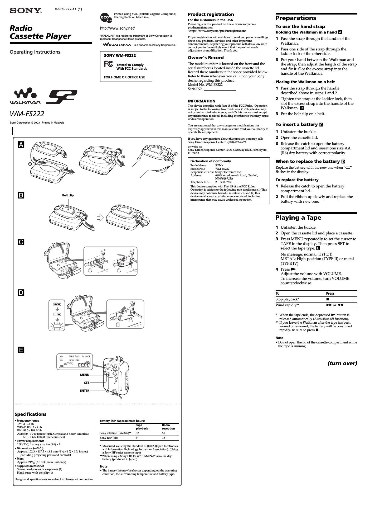 sony wm fs 222 owners manual