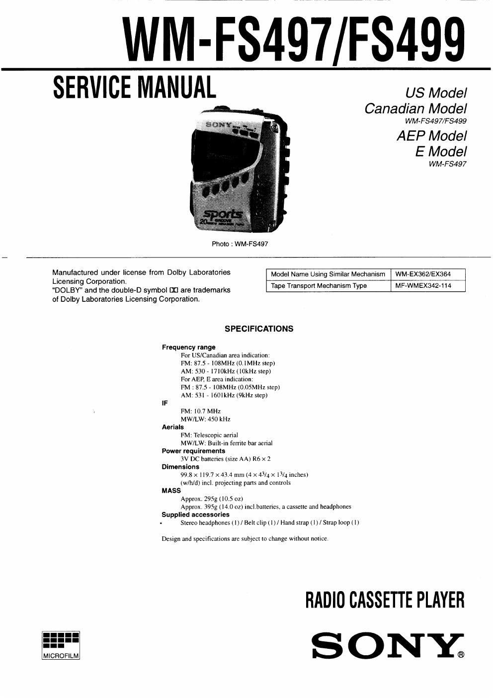 sony wm fs 499 service manual