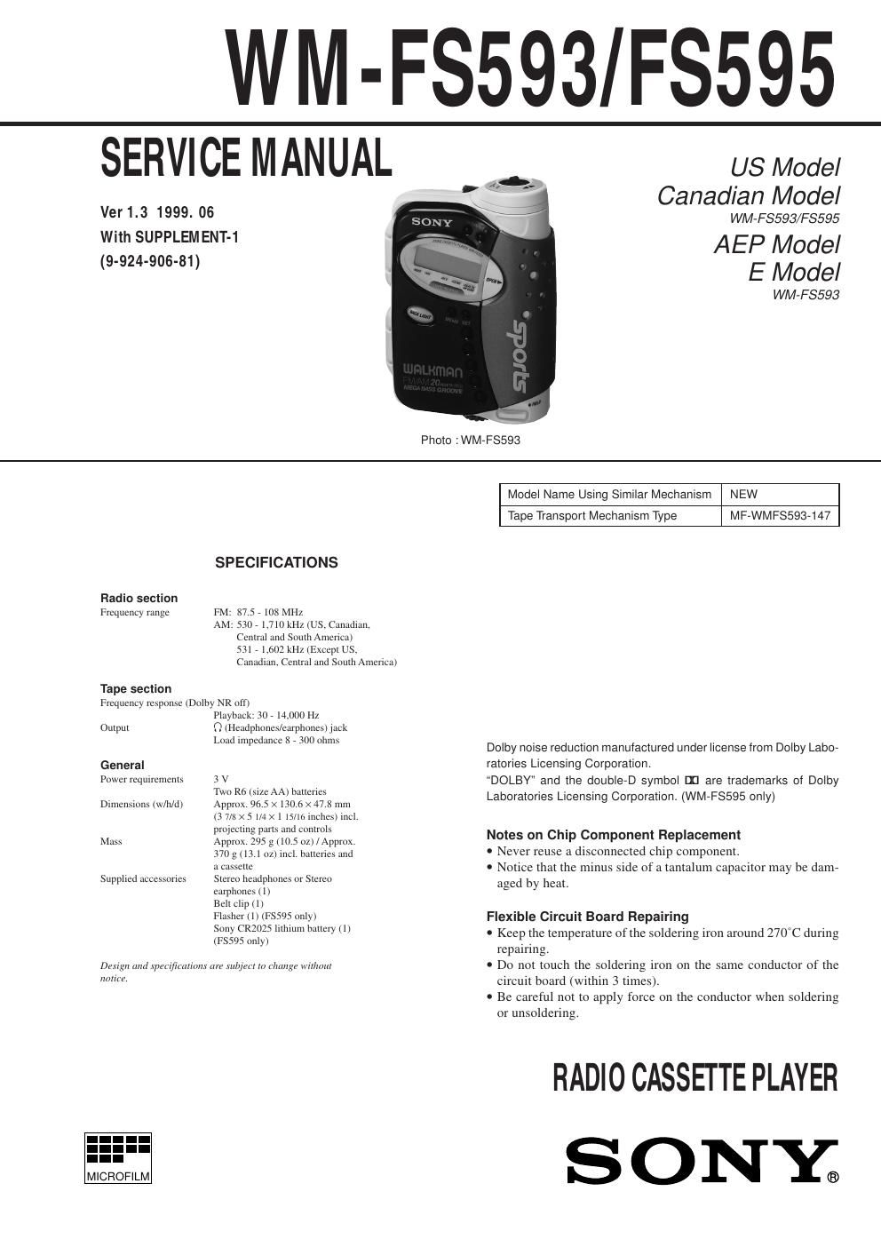 sony wm fs 595 service manual