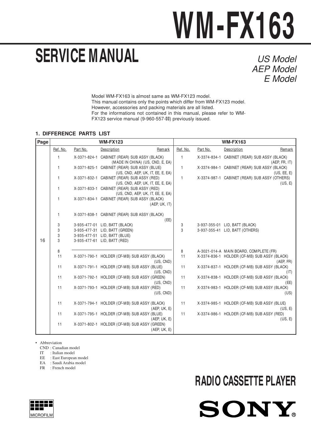 sony wm fx 163 service manual