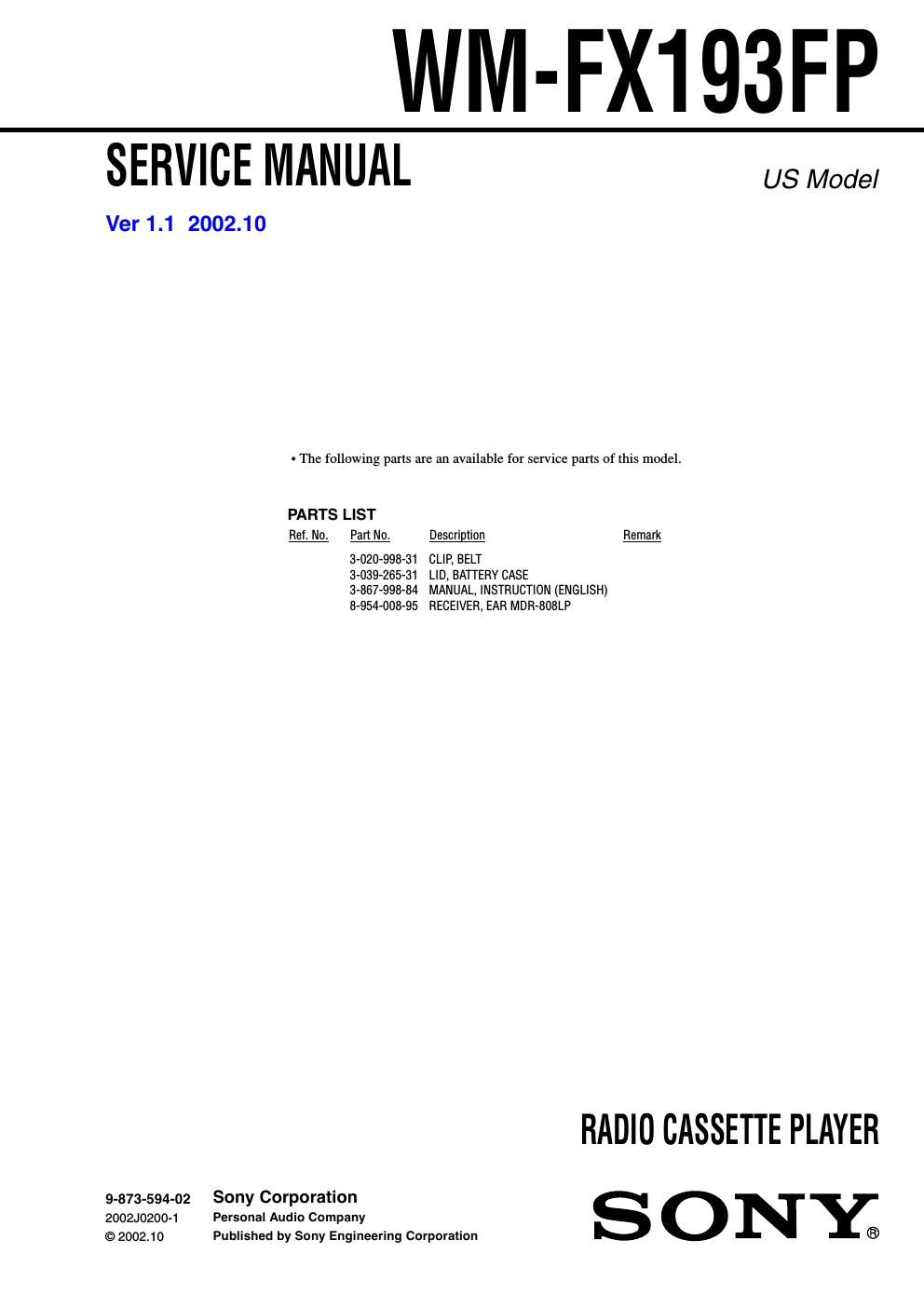 sony wm fx 193 fp service manual