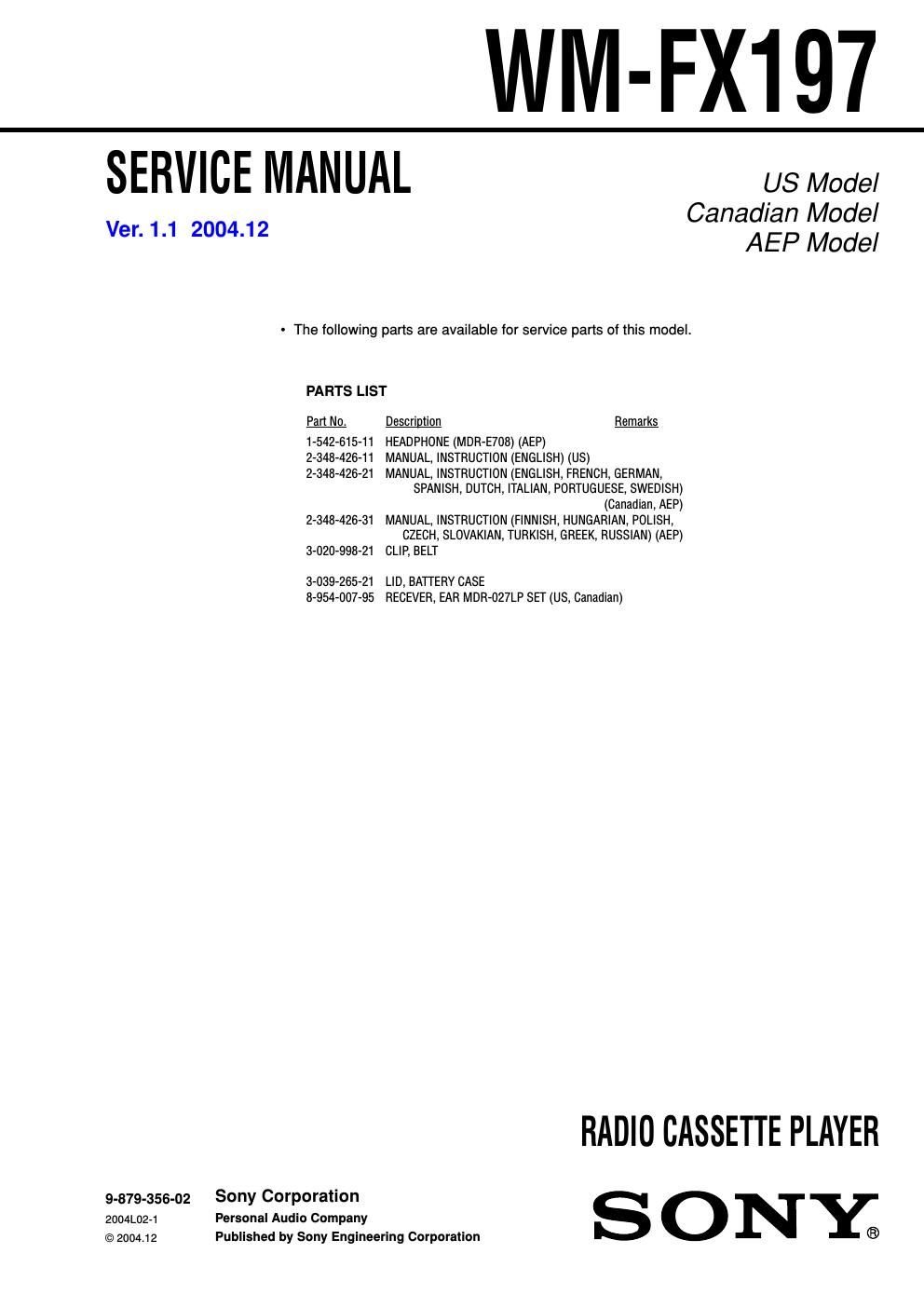 sony wm fx 197 service manual