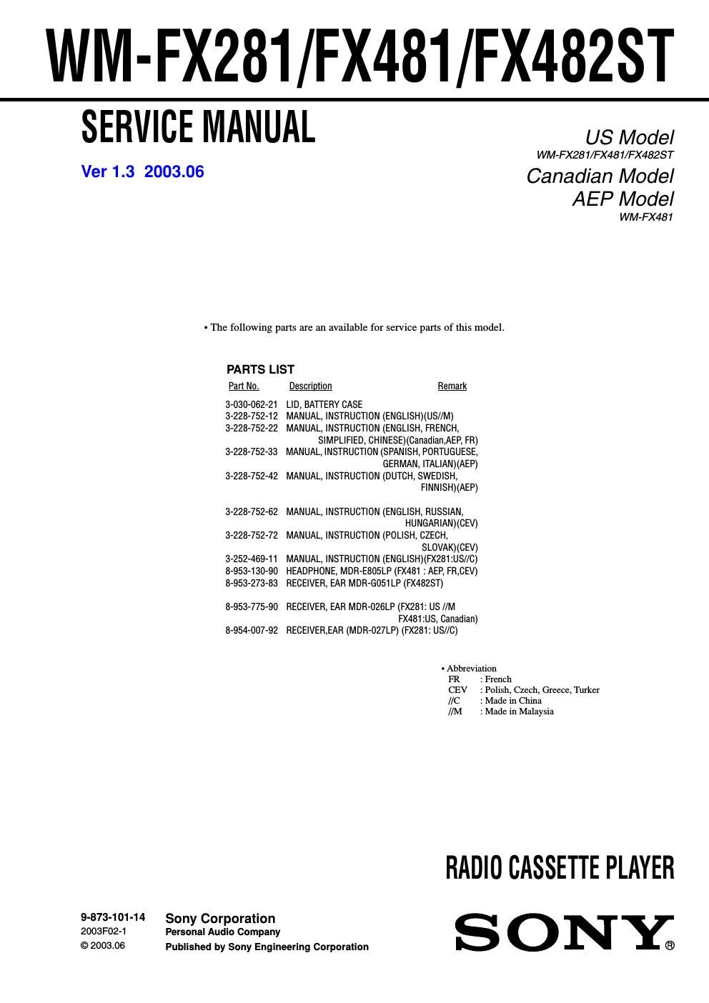 sony wm fx 281 service manual