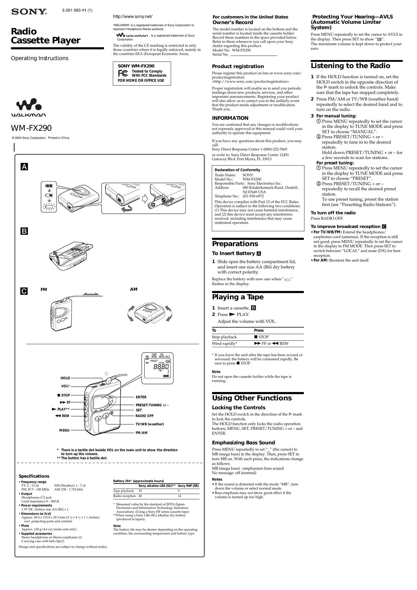 sony wm fx 290 owners manual