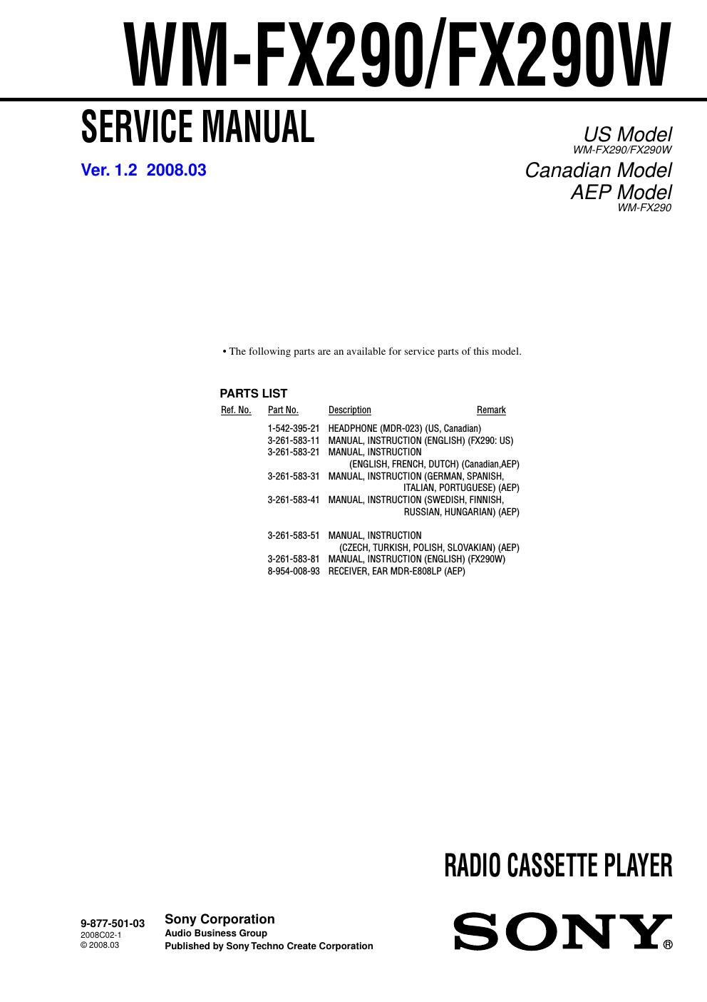 sony wm fx 290 w service manual