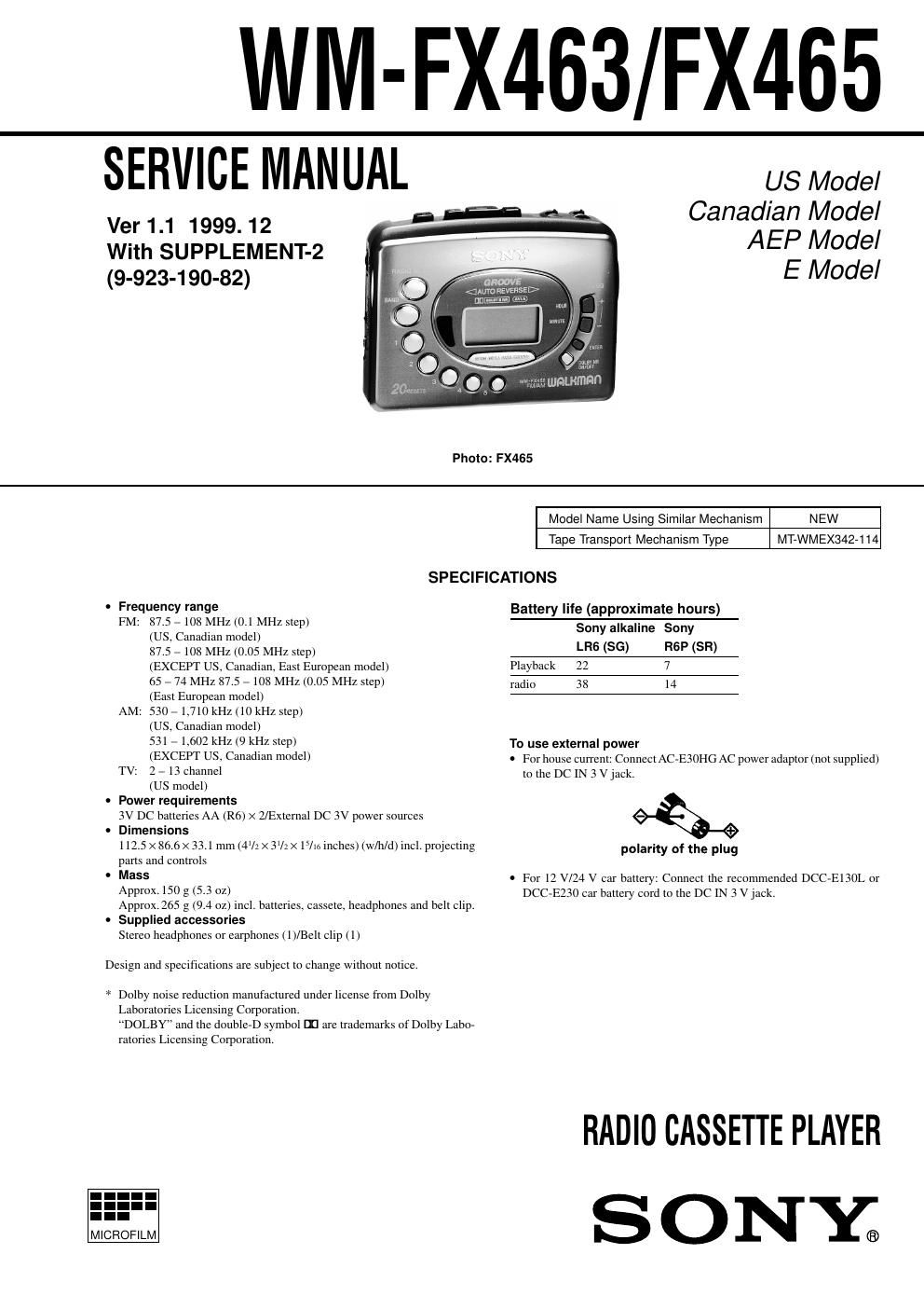 sony wm fx 463 service manual