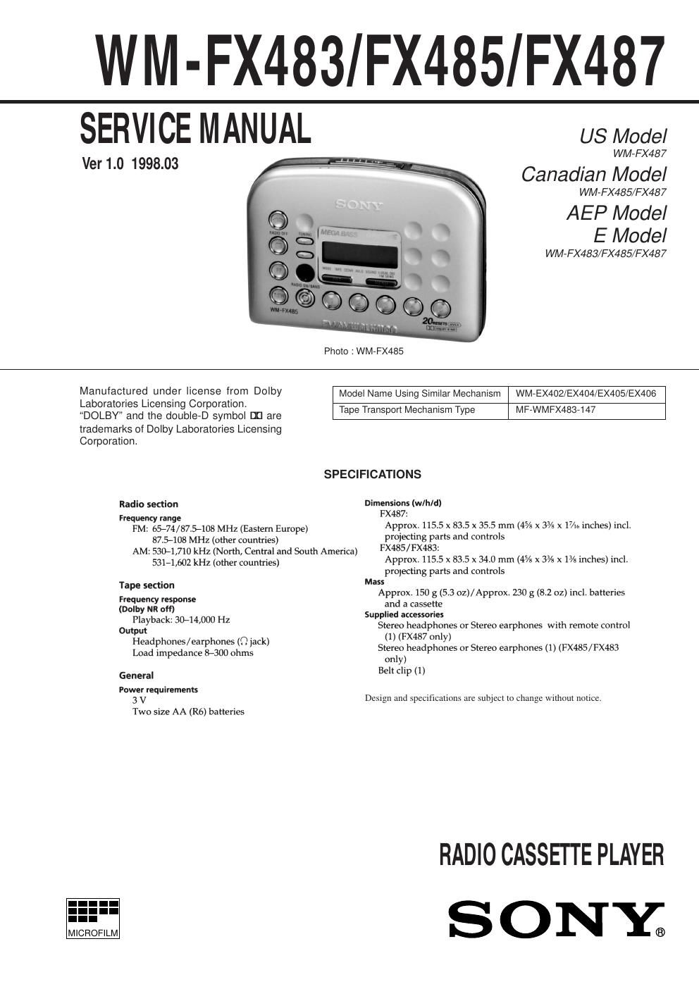 sony wm fx 483 service manual