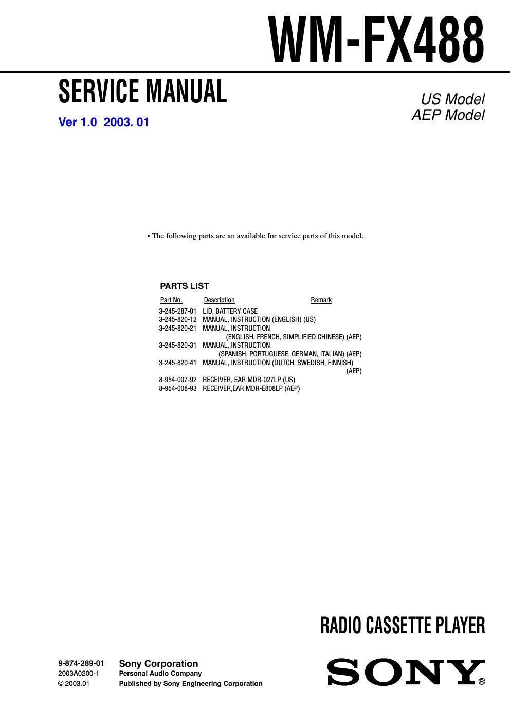 sony wm fx 488 service manual