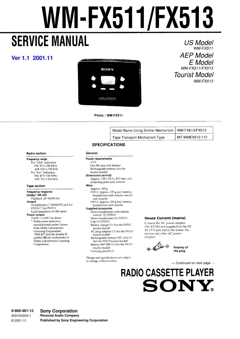 sony wm fx 511 service manual