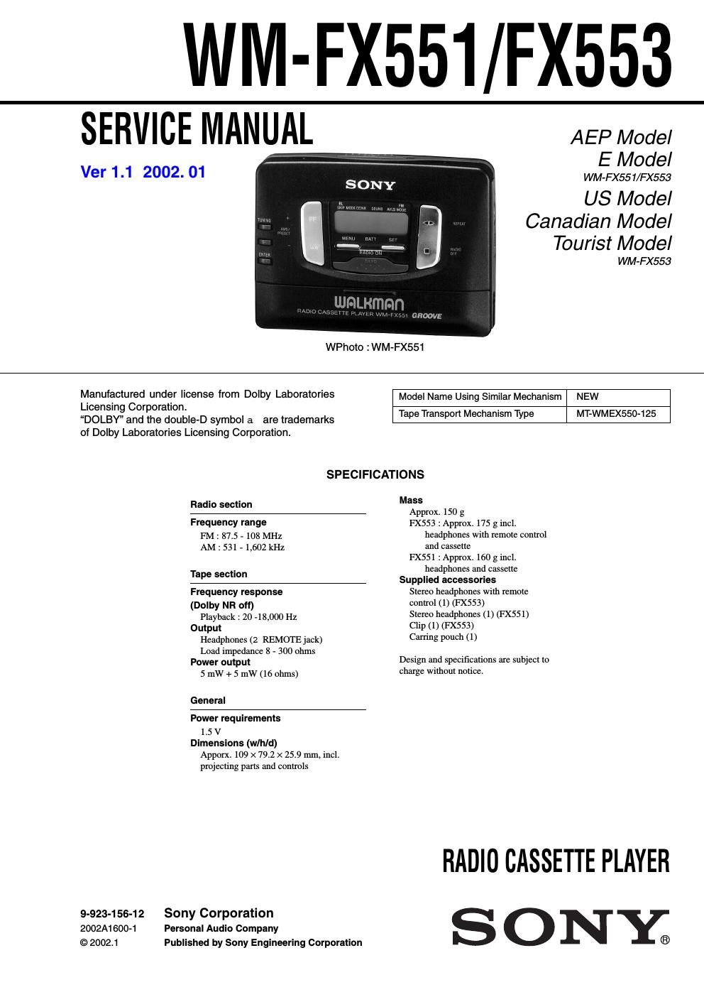 sony wm fx 551 service manual