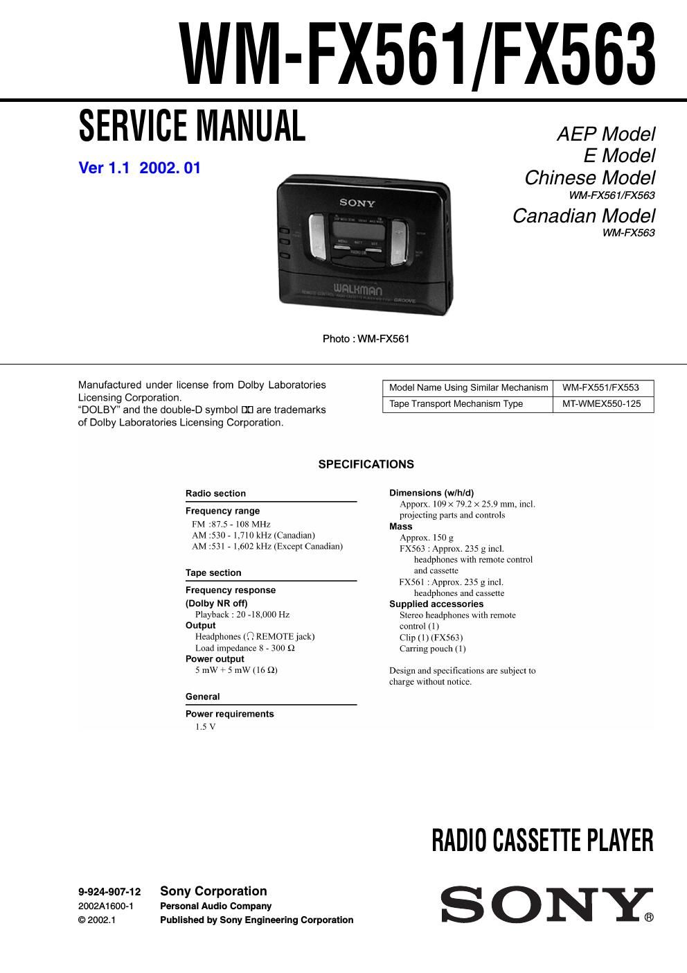 sony wm fx 563 service manual