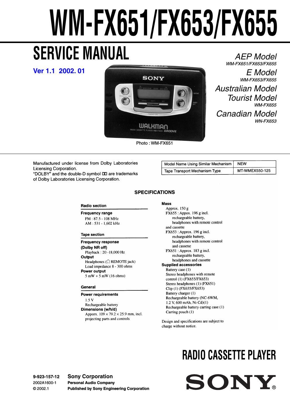 sony wm fx 651 service manual