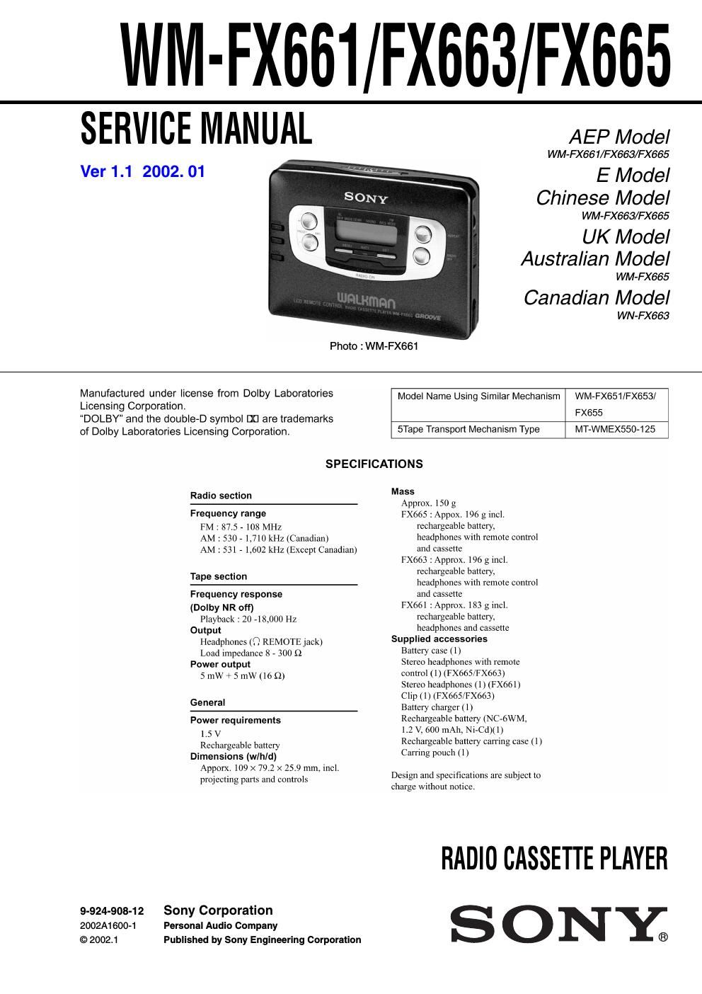 sony wm fx 661 service manual