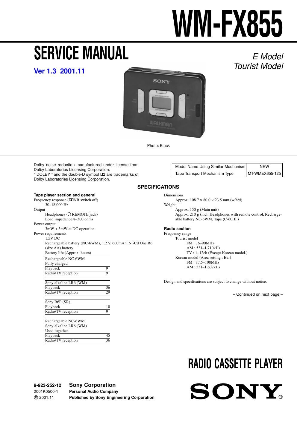 sony wm fx 855 service manual