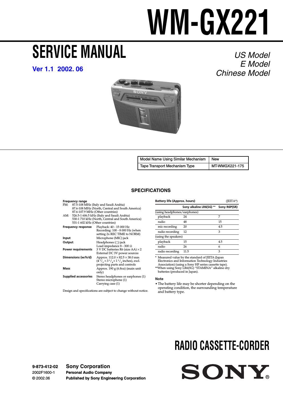 sony wm gx 221 service manual