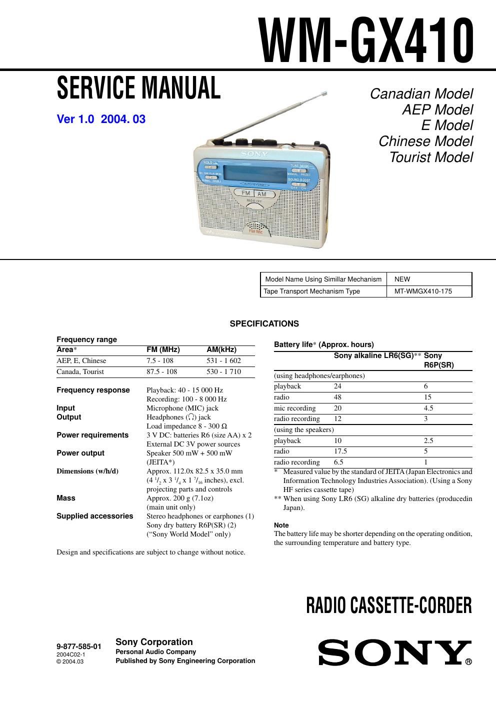 sony wm gx 410 service manual