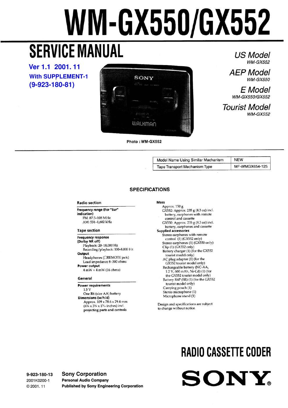 sony wm gx 552 service manual