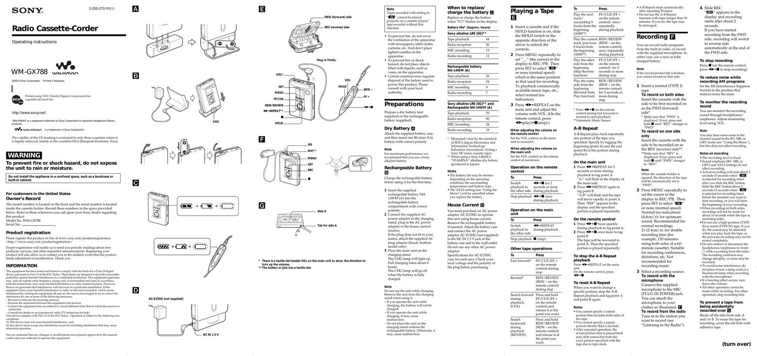 sony wm gx 788 owners manual