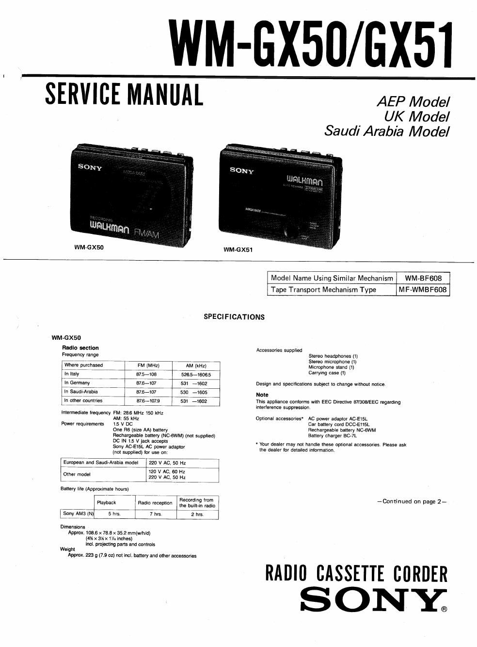 sony wm pg 50 service manual