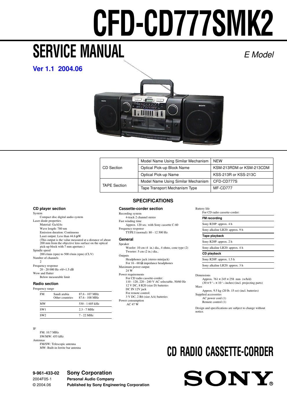 sony cfd cd 777 s mk2 service manual