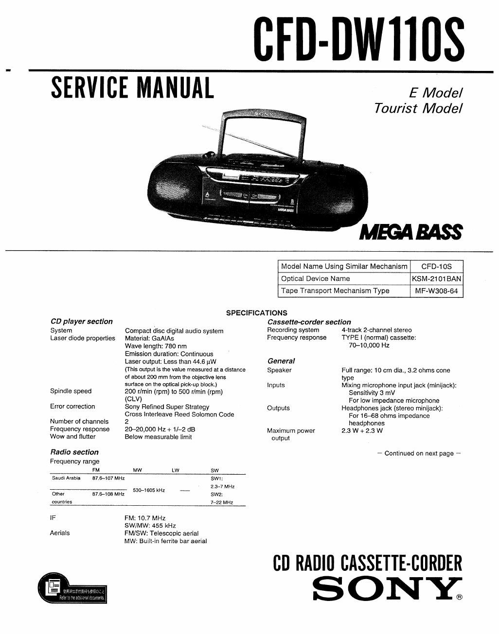 sony cfd dw 110 s service manual