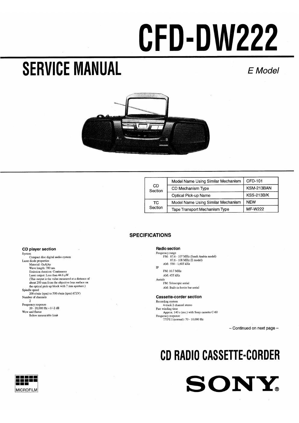 sony cfd dw 222 service manual