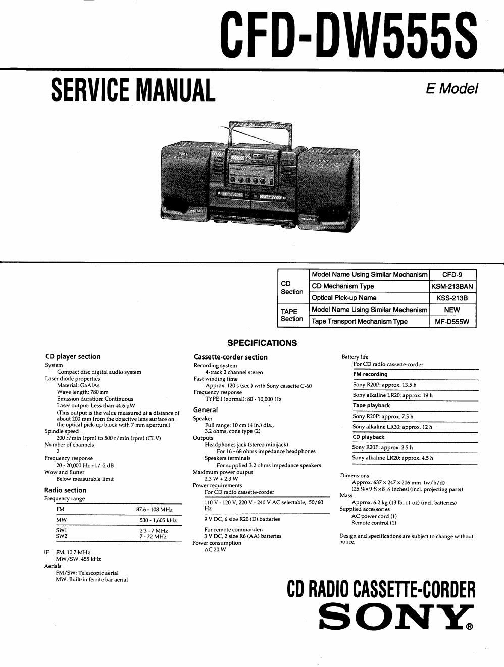 sony cfd dw 555 s service manual