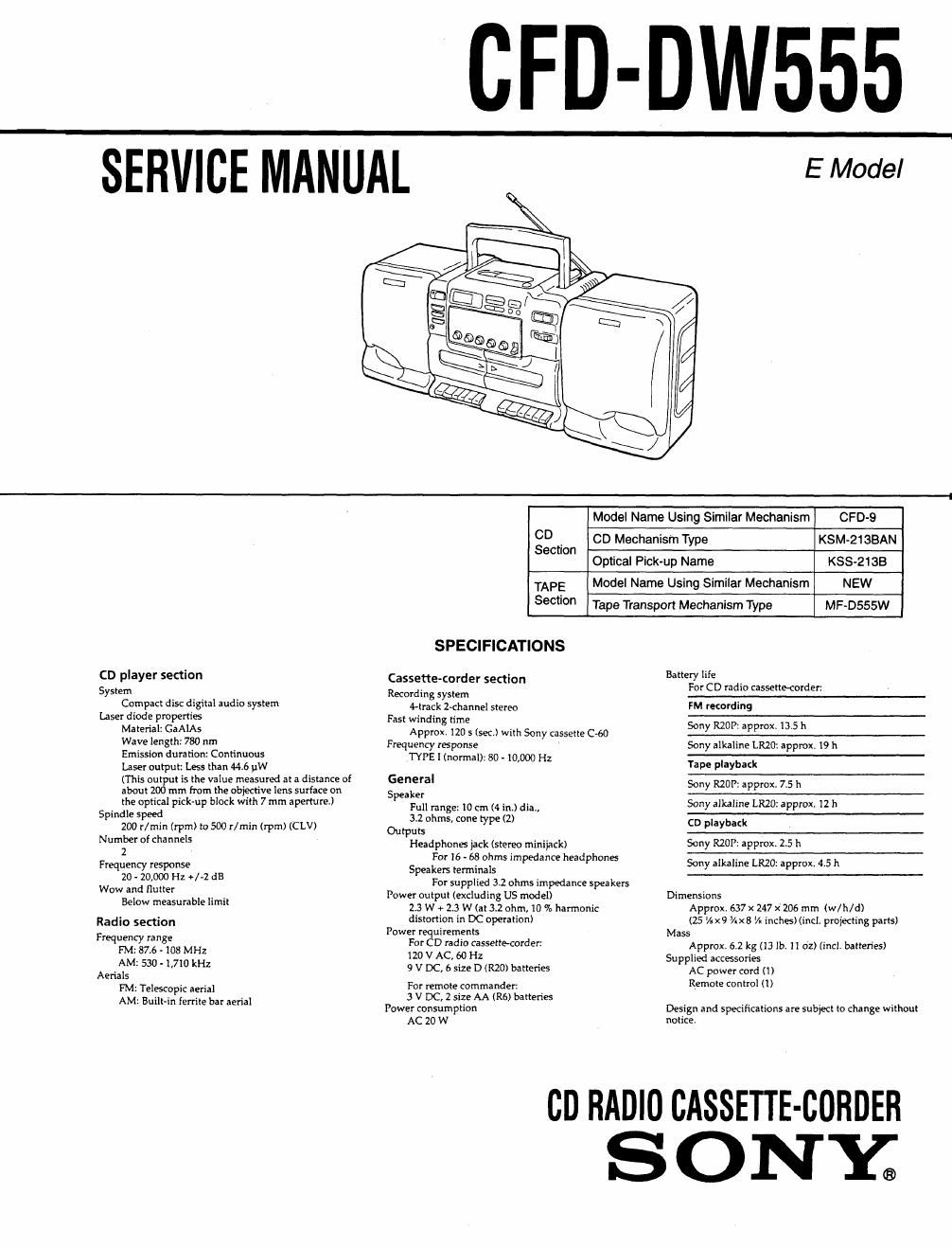 sony cfd dw 555 service manual