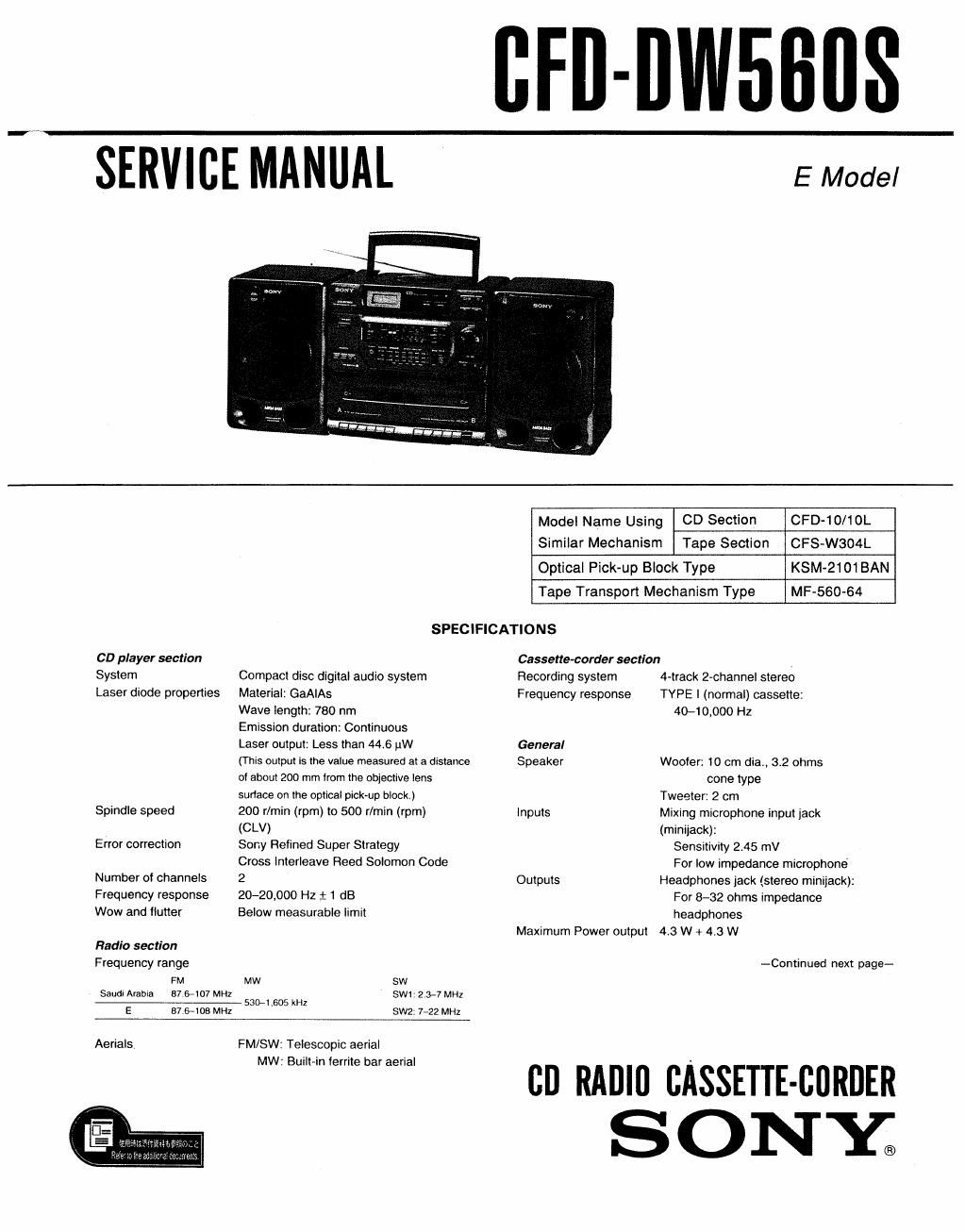 sony cfd dw 560 s service manual