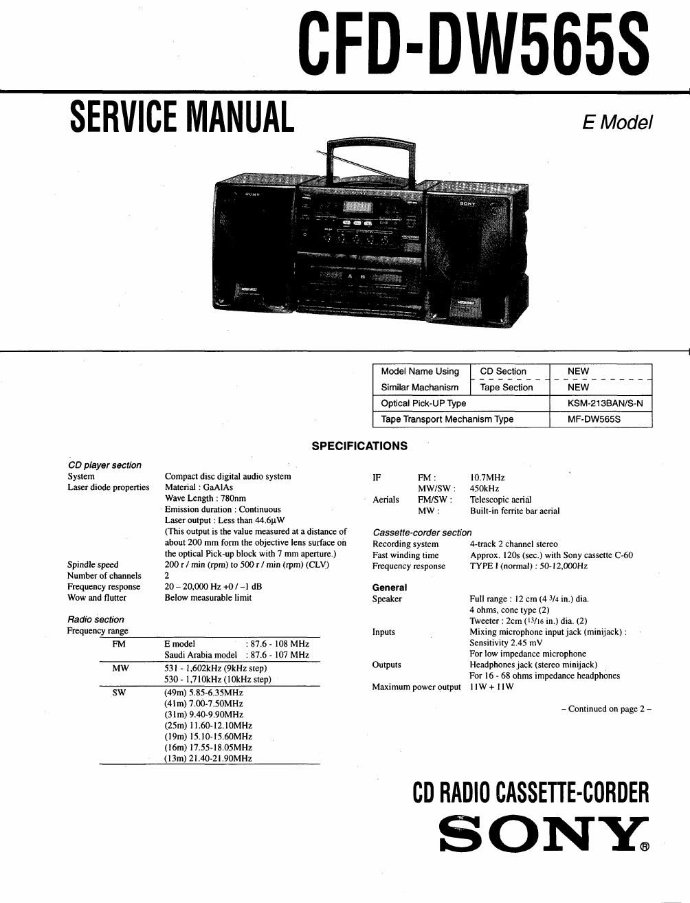 sony cfd dw 565 s service manual