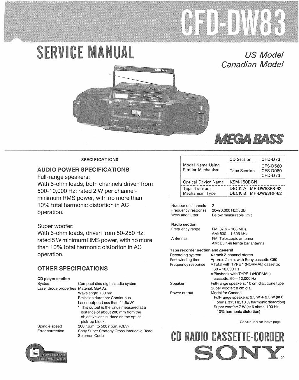 sony cfd dw 83 service manual