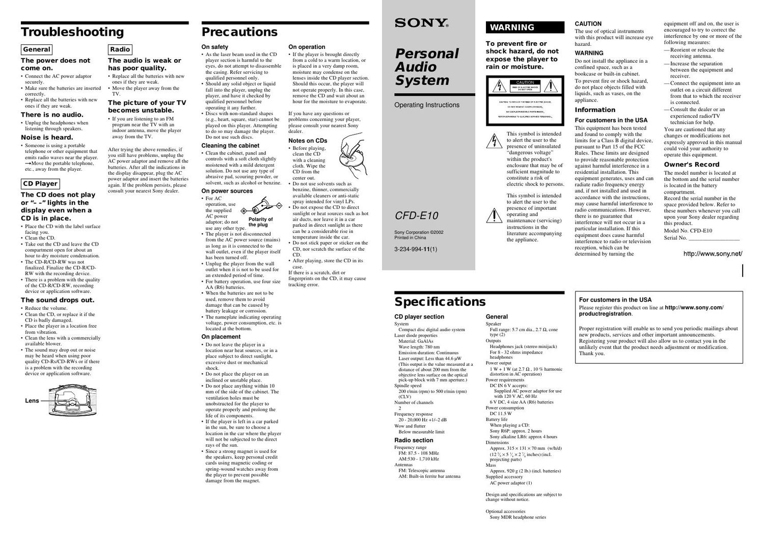 sony cfd e 10 owners manual