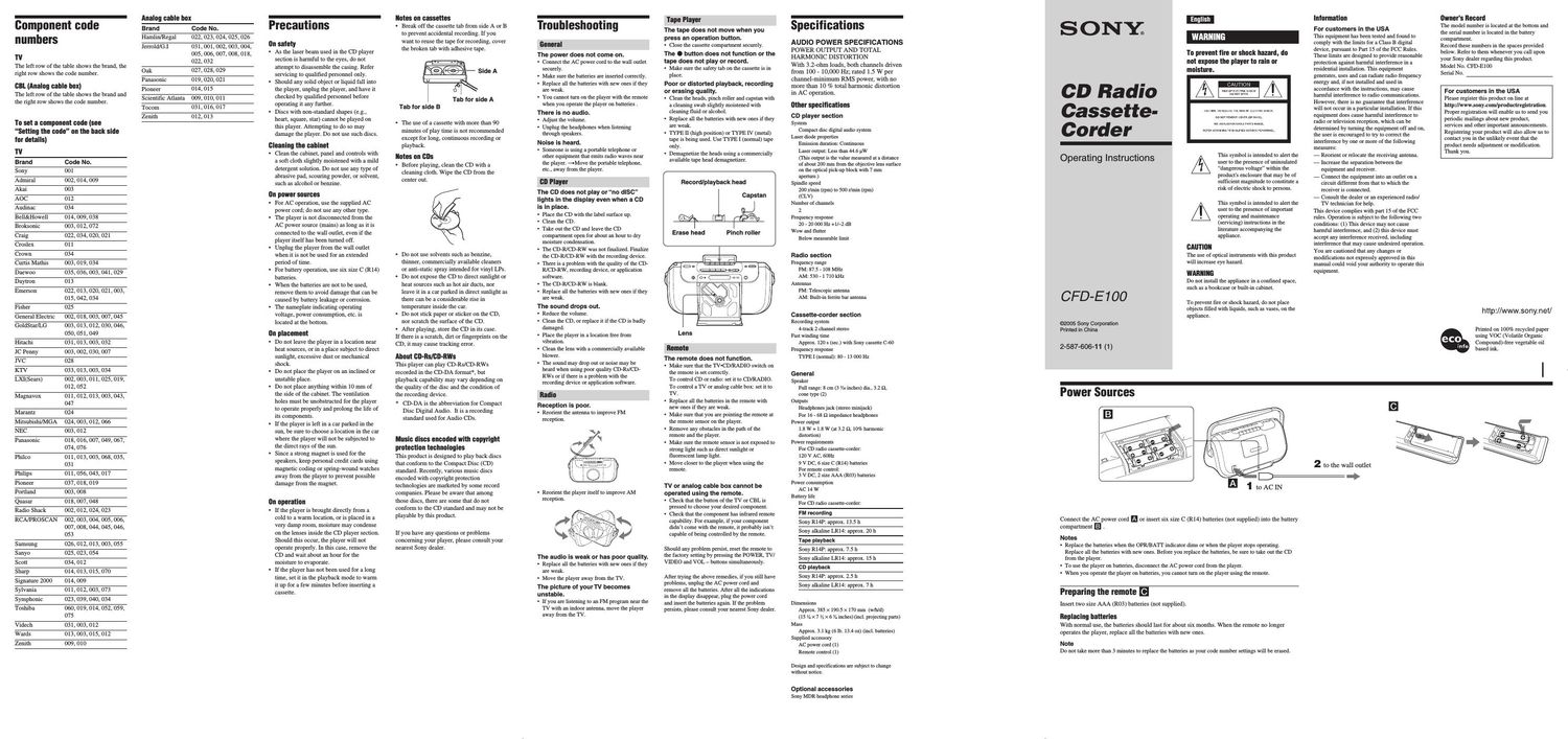 sony cfd e 100 owners manual