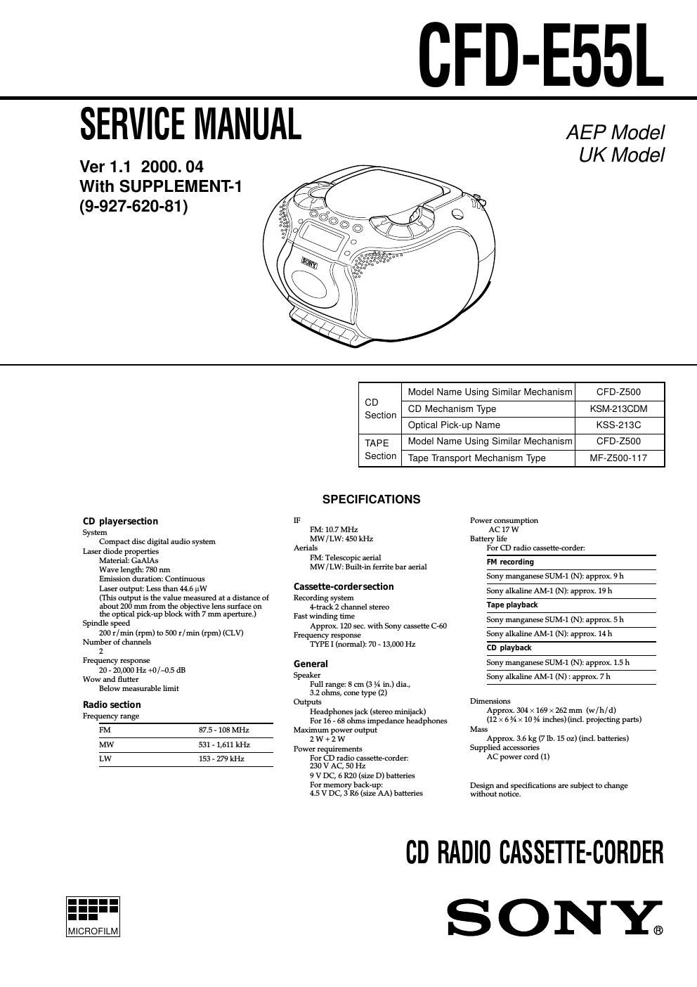 sony cfd e 55 l service manual