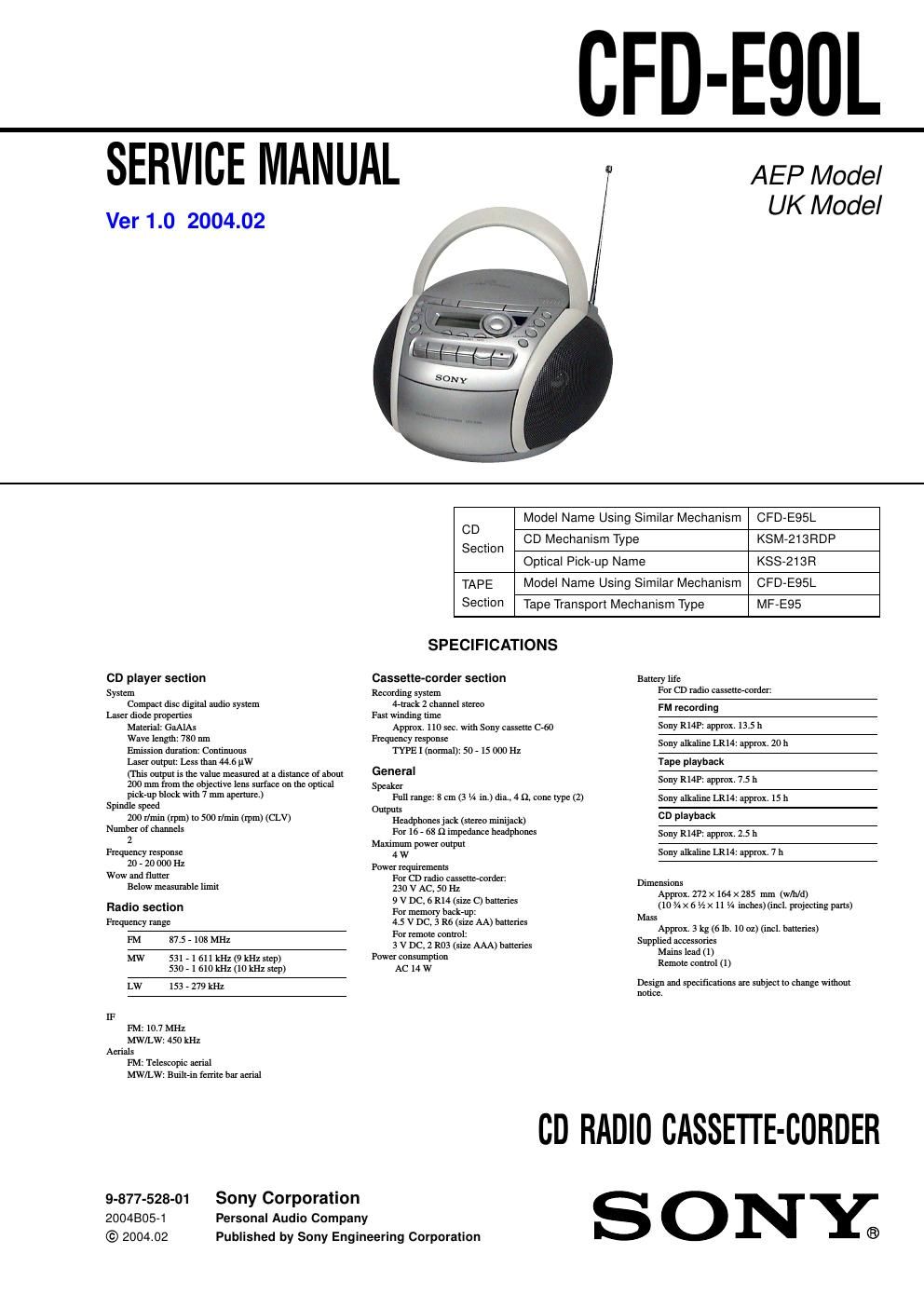 sony cfd e 90 l service manual