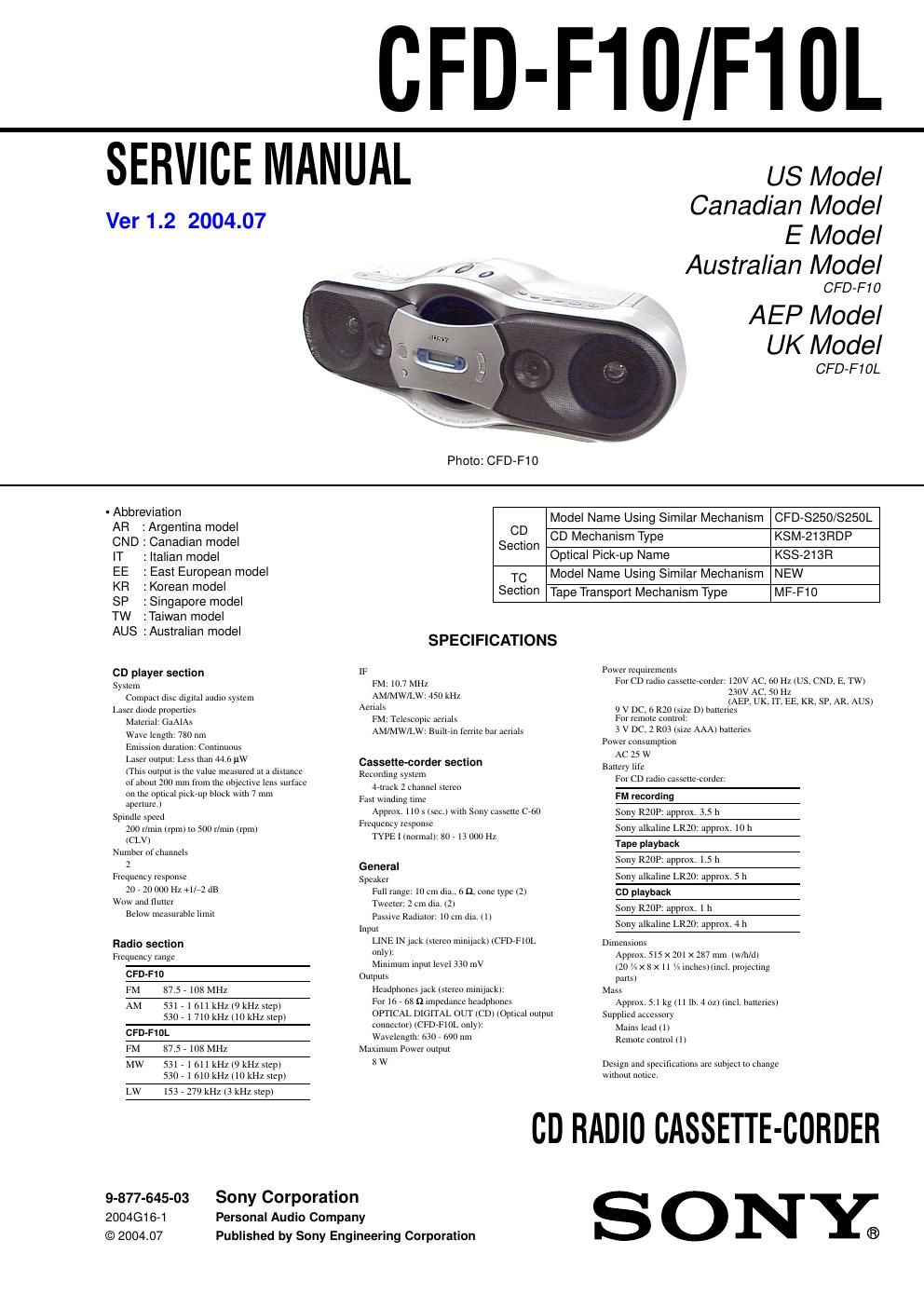 sony cfd f 10 l service manual